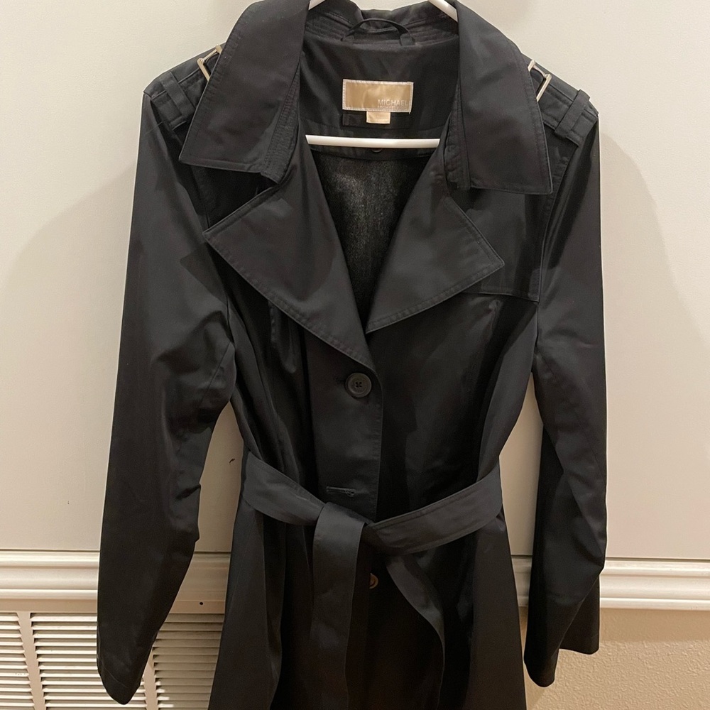 Black Michael Kors mid length belted coat with optional hood